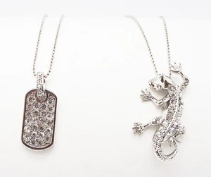 J BOX 16" CLEAR CRYSTAL DOG TAG LIZZARD SILVER PENDANT STATEMENT NECKLACE NEW - Picture 1 of 3