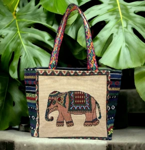 Elephant Handbags Tote Bag Woven Cotton Shopping Purse with Zipper Pocket Craft - Picture 1 of 15