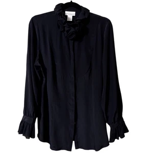 Soft Surroundings 100% Silk Black Ruffled Long Sleeve Blouse With Flower Neck, L - Picture 1 of 10