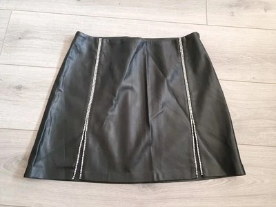 BNWOT River Island Black Faux Leather Diamante Trim Skirt Size 14 - Image 1 of 4