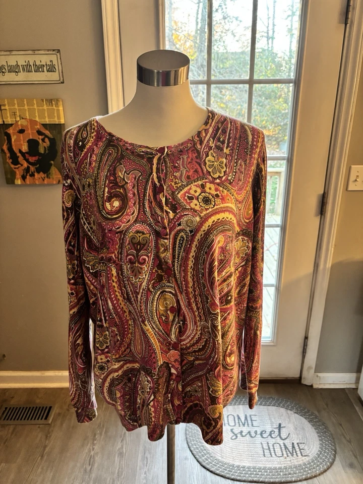 Talbots 漂亮的粉红色/白色多佩斯利轻便开衫 1X — 第 1/4 张图片