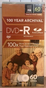 TDK 100 años de archivo a prueba de arañazos DVD-R paquete de 60 con estuche Snap N’ Save - Imagen 1 de 3
