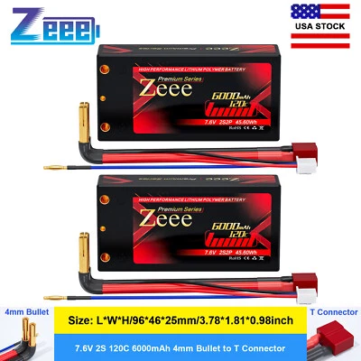 2x Zeee 7.6V 120C 2S Shorty Lipo Battery 6000mAh 4mm Bullet T Plug for RC Car - Image 1 of 4