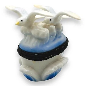 Caja de baratijas de porcelana gaviota pájaro Delft azul blanco con bisagras vintage - Imagen 1 de 8