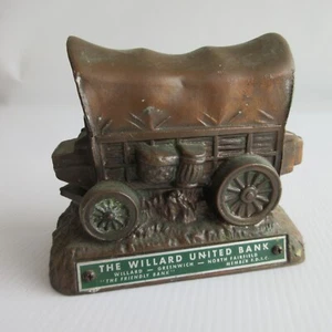 VTG Antique Covered Wagon Metal Coin Bank The Willard United Bank - Picture 1 of 6