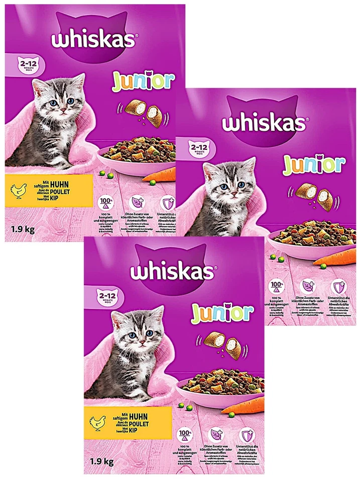 (€ 5,43 /kg) Whiskas Junior Huhn 2-12 Kätzchen-Trocken-Futter 3x 1,9 kg = 5,7 kg - Bild 1 von 1
