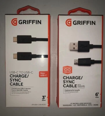 Lote de 2 cables de sincronización de carga Griffin USB-C a USB-C 3 pies y USB a micro 6 pies, negro. Foto 1 de 4
