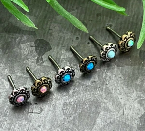 1pc Opal Tribal Heart Filigree Antique Gold or Silver Plated 20g Nose Ring Stud - Picture 1 of 10