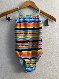 NWT Girls Speedo Swimsuit Swim One Piece Youth Multicolor Strip Logo XS T66 - Picture 1 of 7