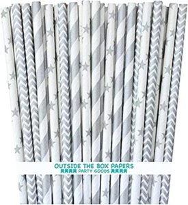 Silver Stripe, Chevron and Star Paper Straws 7.75 Inches 75 Pack Silver, White - Picture 1 of 3