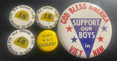 Vintage (Lot of 5) Political Buttons 1960-1970's. Vietnam Support Troop/Voting - Image 1 of 4