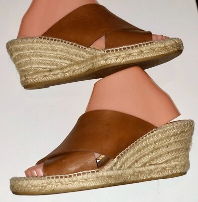 KANNA BROWN LEATHER JUTE WEDGE HEELS EU 39 SLIDES CRISS CROSS STRAP - Image 1 of 4