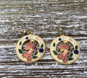 Vintage Unicorn Earrings Cloisonné Pink White With Flowers Round Dangle - Picture 1 of 4