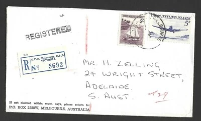 AUSTRALIA 1960 REGISTERED NEIBURNE FRANKED COCOS KEELING ISLANDS TO ADELAIDE - Image 1 of 2