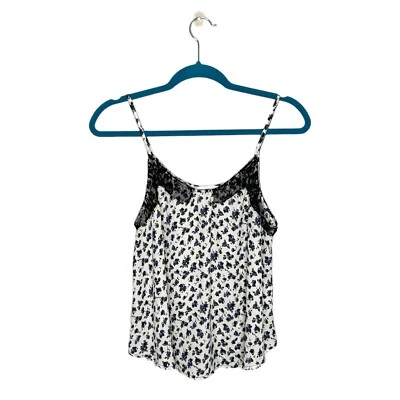 Lush Ditzy Floral Lace Neckline Spaghetti Strap Tank Top Size Large Semi Cropped - Image 1 of 4