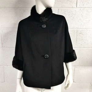 Vintage 1950s/60s Black Wool Fur Trimmed Cropped Coat Womens - Picture 1 of 11