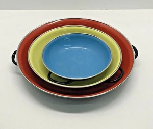 Emo Celji Nesting Enamel Saute Paella Gratin Pans Yugoslavia Blue Yellow Red - Picture 1 of 12