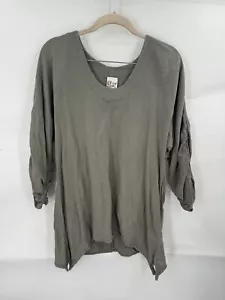 Oh My Gauze Top Women Medium Green Cotton Lagenlook Minimalist Bohemian Ruched - Picture 1 of 7