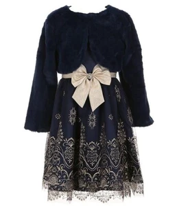 Rare Editions NAVY Big Girls Solid/Glitter-Patterned Fit & Flare Dress, US 8 - Picture 1 of 4