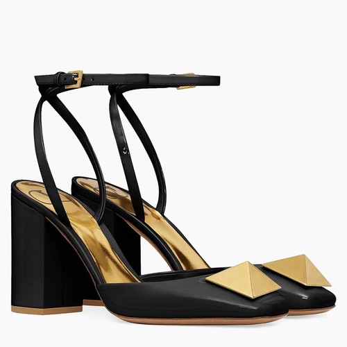 Decolte VALENTINO Garavani una borchia taglia 37 nere vernice tacco a blocco caviglia