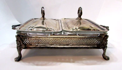 Cazuela de vidrio Twin Fire King cubierta plateada para servir buffet Foto 1 de 4