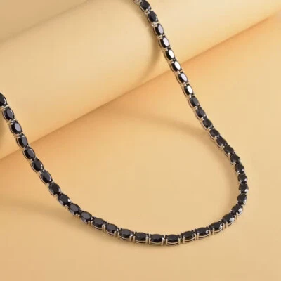 15Ct Oval Cut Black Spinel Set Women's Tennis Necklace in 14K White Gold Over - Image 1 of 4