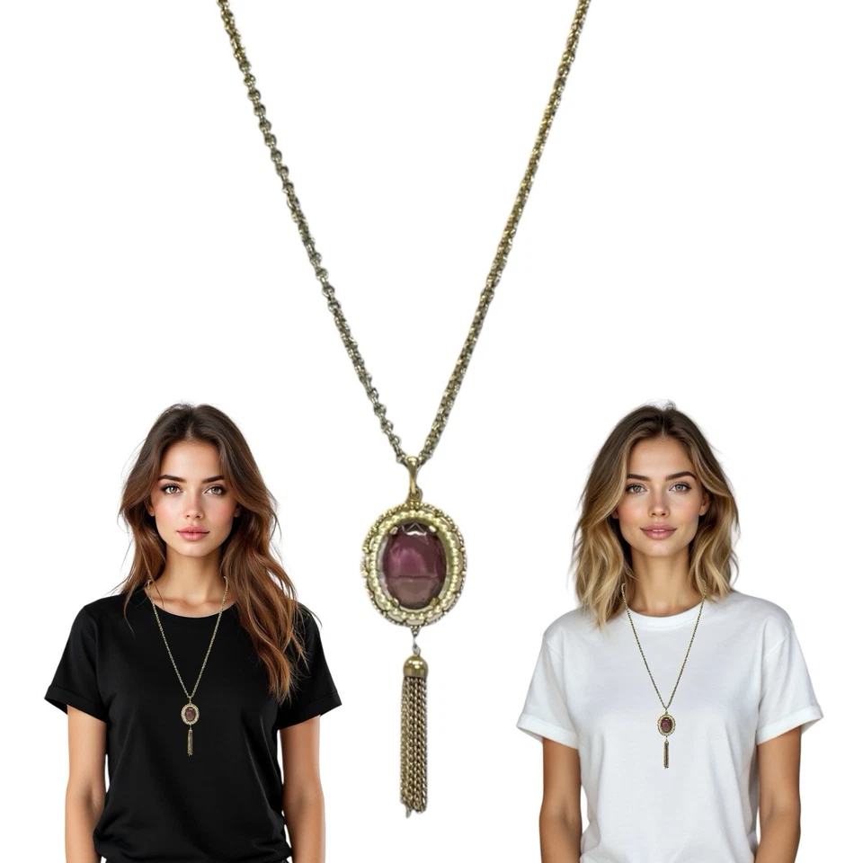 "Collar vintage de perlas de amatista sintética AVON tono dorado 30"" cadena borla púrpura EVC Foto 1 de 4