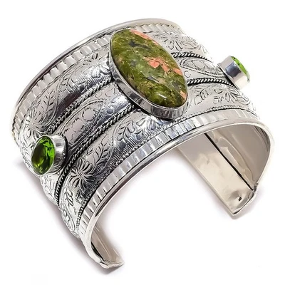 Bracciale Unakite, pietra preziosa peridoto fatto a mano in argento sterling ... - Immagine 1 di 4