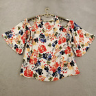 Rose And Olive Blouse Womens 1X Cold Shoulder Sheer Watercolor Flowers White