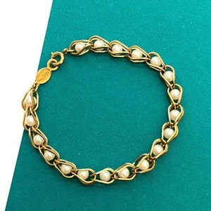 Vintage Gold Tone Caged Faux Pearl Bracelet Signed Napier - Picture 1 of 6