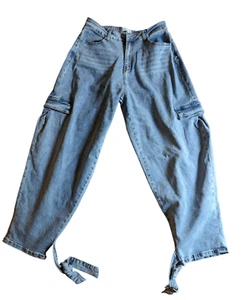SJ STYLE Women’s Baggy Leg Cargo Jean Tie Ankle 90s Y2K Style Lightwash Size XL - Picture 1 of 6