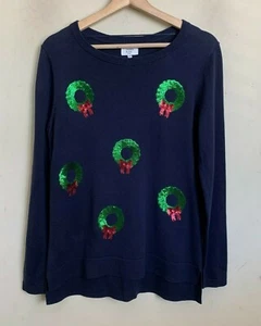 Crown & Ivy Sweater Christmas Wreath Green Sequin Navy Blue Pullover Size PM - Picture 1 of 6