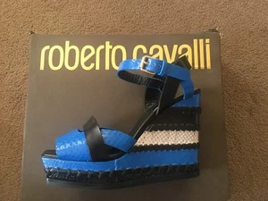 Roberto Cavalli Woven Leather/Snakeskin Platforms Wedges Sandals Sz 7.5 NIB - Picture 1 of 9