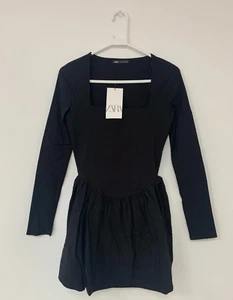 Zara Balloon Mini dress with squared neckline and long sleeves Black Size Small - Picture 1 of 14