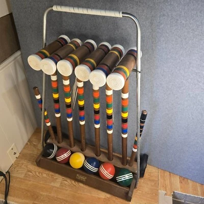 Juego de croquet MCM Vintage Forster para 6 personas con soporte/estante/carrito con ruedas original Foto 1 de 4