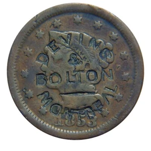 Large cent/penny 1853 counterstamp DEVINS & BOLTON collector coin - Picture 1 of 3