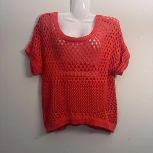 Love Always Knit Crochet Top Open Weave Short Sleeve Coral Orange Size L - Picture 1 of 8
