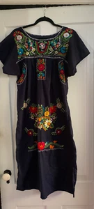 Mexican Navy Blue Dress Beautiful Colorful Hand Embroidery Maxi - Picture 1 of 11