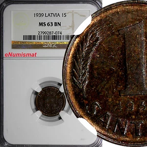 Latvia Bronze 1939 1 Santims NGC MS63 BN Nice Coin KM# 10 (074) - Picture 1 of 3