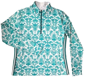 Athleta Plus 2X Reißverschluss Mock Nackenpullover blaugrün auf weiß Ananas Blumendruck Golf - Bild 1 von 9