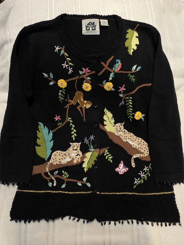 Cardigã suéter pequeno feminino storybook tricô QVC macaco chita pássaro frisado - Imagem 1 de 4