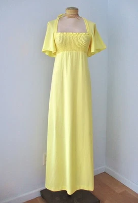 Vtg 70s Lemon Yellow Maxi Dress Prom Bridesmaid Tied Halter Smocked Bust XS/S - Image 1 of 4