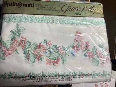Vintage NEW SPRINGMAID~Embroidered Floral Double Full Flat Sheet pink Blue Green - Image 1 of 4