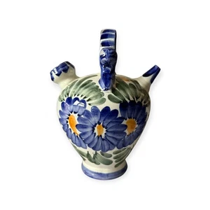 Vintage Spanish Talavera White & Blue Floral Earthenware Botijo / Water Jug - Picture 1 of 6