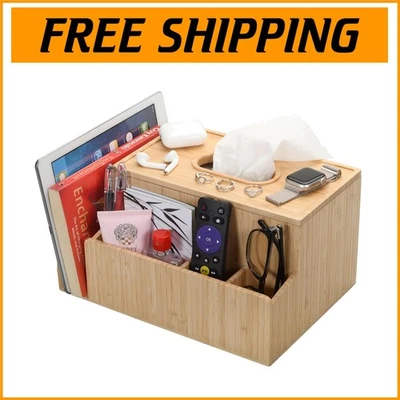 Eco-Friendly Bamboo Tissue Box Holder & Tablet Stand - 4 Compartment Organizer - Изображение 1 из 4
