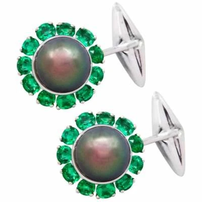 Gemelos para hombre negros de perlas de Tahití y forma ovalada de 2,70 quilates esmeralda en plata 925 Foto 1 de 4