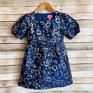 Lilly Pulitzer Mini Kasslyn Navy Floral Brocade Puff Sleeve Holiday Dress Size 6 - Picture 1 of 9