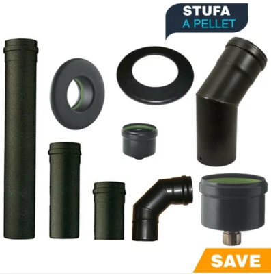 SAVE Tubi per stufa a pellet canna fumaria scarico fumi 80mm rosone gomito stufa - Immagine 1 di 4
