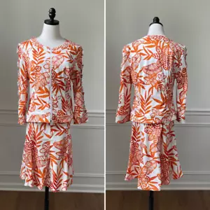 Joseph Ribkoff Skirt Suit Cut Out Jacket Orange Abstract Print 12 - Picture 1 of 15