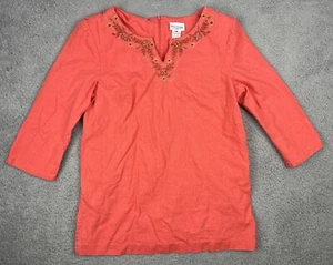 Miss Dorby Top Womens 14 Shirt Linen Blend Shoulder Pads Embroidery Coral Boho - Picture 1 of 19